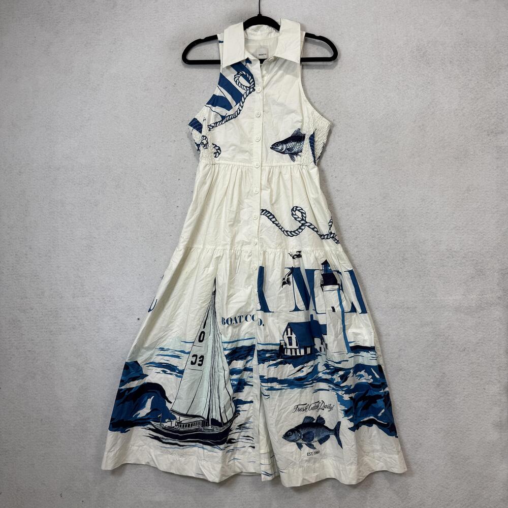 Maeve Shirt Dress Womens Small White Nautical Sailboat Print Maxi Button Front